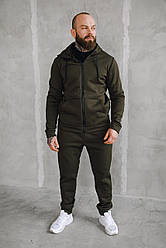 Чоловічий зимовий спортивний костюм на флісі однотонний хакі батал