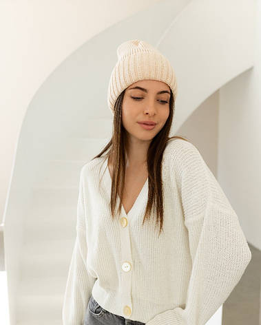 Жіноча в’язана шапка біні класік 20% вовна з відворотом Світло Бежевий, фото 2