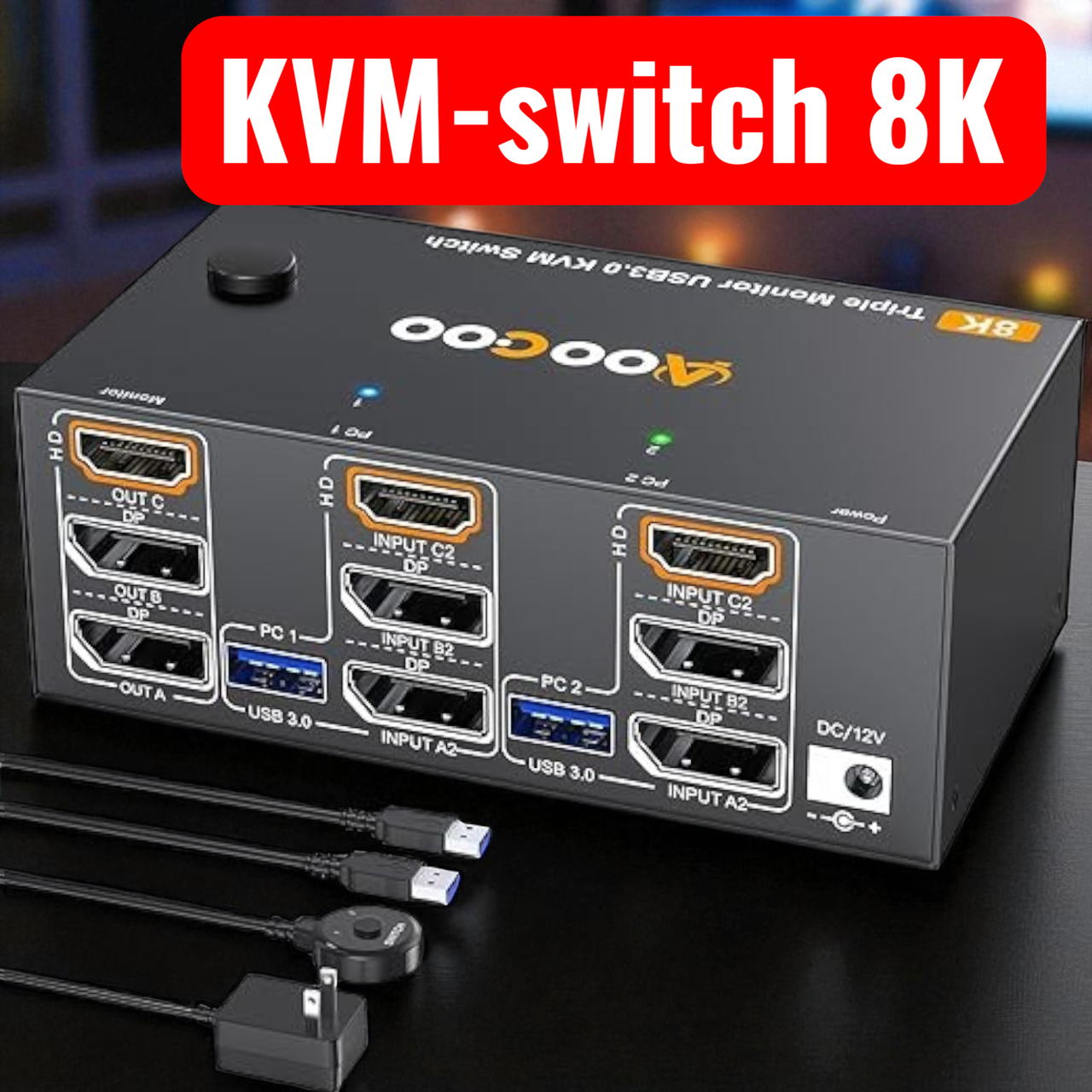 KVM-світч HDMI Displayport 8K 60 Гц для 3 моніторів 2 комп'ютерів KVM-перемикачі 4K 144 Гц з USB 3.0 пультом ДУ адаптером живлення, фото 1