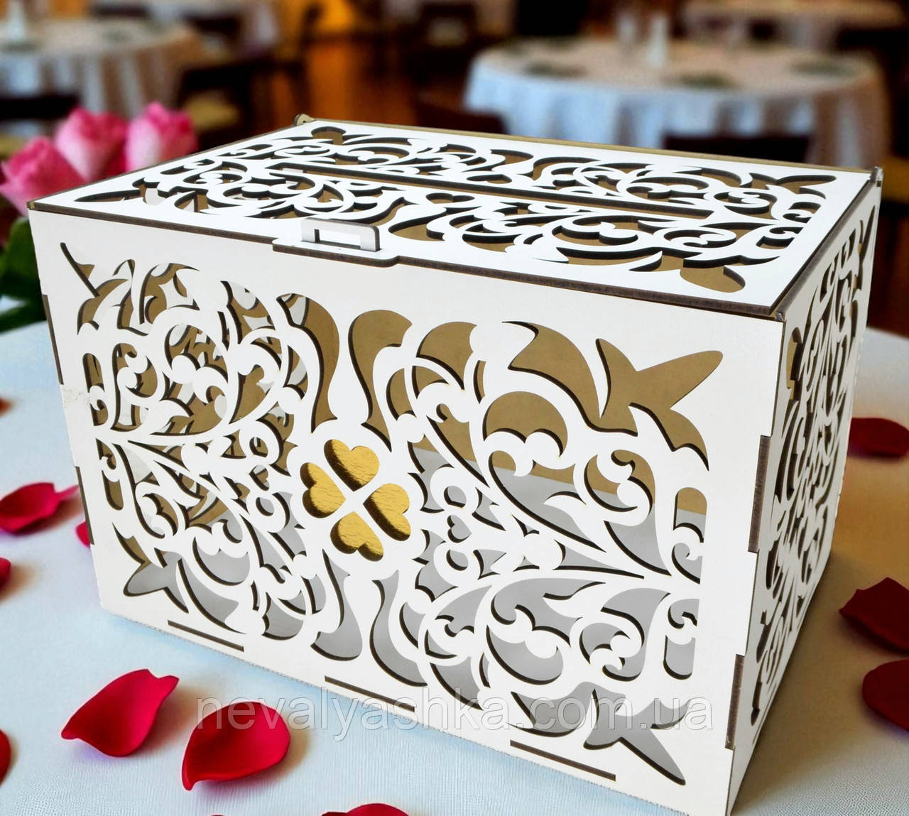 Дерев'яна Коробка на Весілля 30х20 см Весільна Скарбниця Коробочка для Грошей Скриня Скарбничка Біла Клевер Бокс для Конвертів