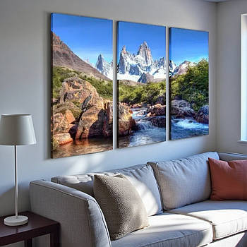 Картина модульна Природа Гарний пейзаж Гори та річка Друк на полотні 90х60 із 3х частин