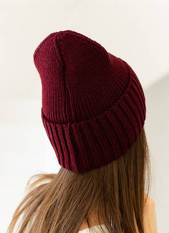 Жіноча в’язана шапка біні класік 20% вовна з відворотом Бардовий, фото 2
