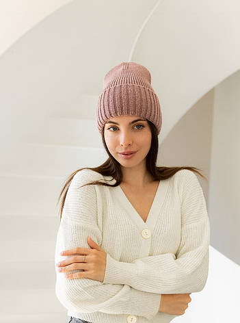 Жіноча в’язана шапка біні класік 20% вовна з відворотом Темно Рожевий, фото 2