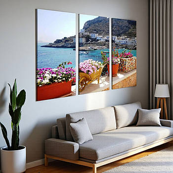 Картина Гарний пейзаж Море та гори Італія Декор в сучасний інтер'єр Друк на полотні 90х60 із 3х модулів