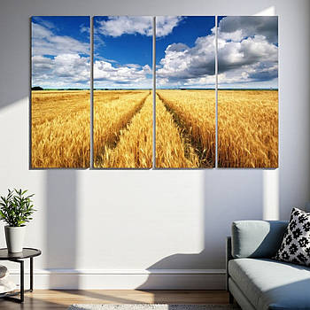 Картина український пейзаж Поле пшениці та синє небо Патріотичний декор Друк на полотні 120х60 із 4х частин