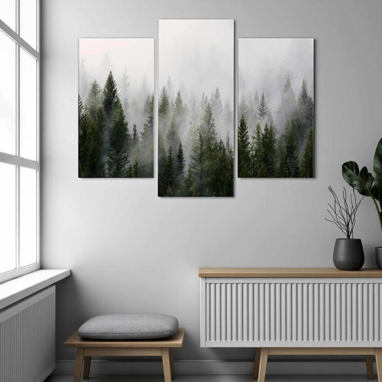 Картина модульна Туманний ліс Карпати ранковий лісовий краєвид природа Сучасний декор 90х70см з 3 частин, фото 1