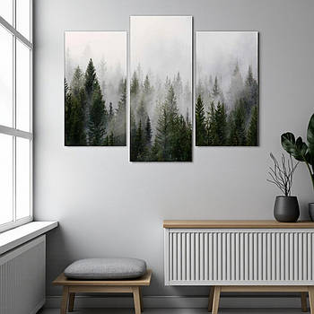 Картина модульна Туманний ліс Карпати ранковий лісовий краєвид природа Сучасний декор 90х70см з 3 частин