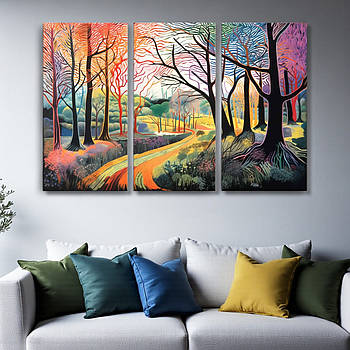 Яскрава картина абстрактний намальований пейзаж Красива природа Друк на полотні 90х60 із 3х частин