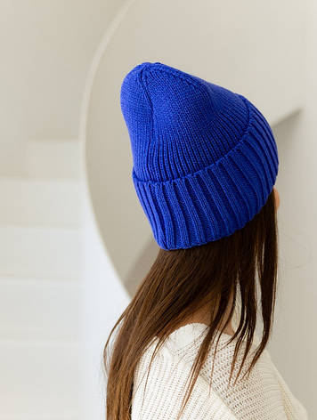 Жіноча в’язана шапка біні класік 20% вовна з відворотом Синій, фото 1
