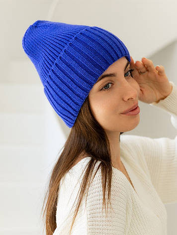 Жіноча в’язана шапка біні класік 20% вовна з відворотом Синій, фото 2