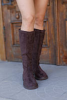 Жіночі замшеві коричневі чоботи без каблука ззаду на блискавці та байковою підкладкою