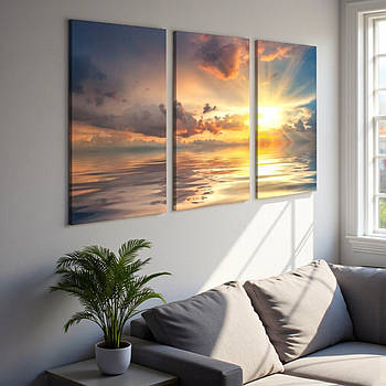 Картина модульна Схід сонця на морі Красивий пейзаж з хмарами Друк на полотні 90х60 із 3х частин