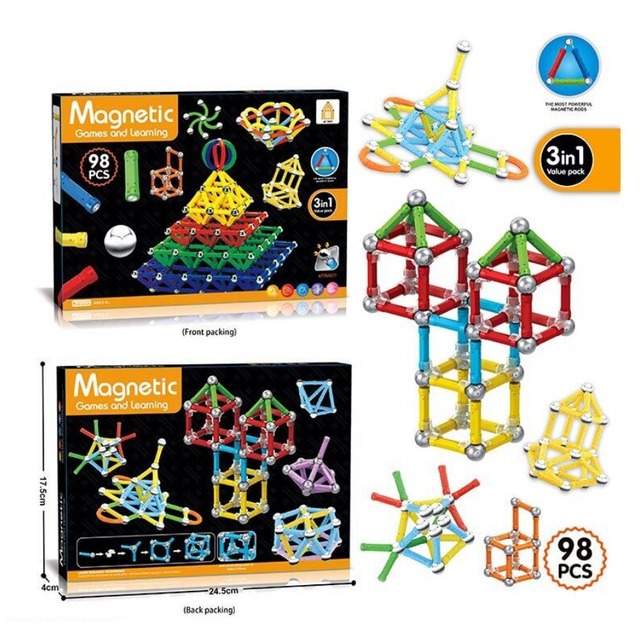 Магнітний конструктор Magnetic AQ 2233 на 98 деталей, 4 типи елементів, фото 1