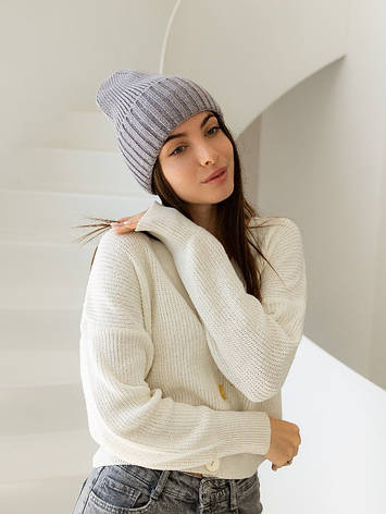 Жіноча в’язана шапка біні класік 20% вовна з відворотом Сірий, фото 1