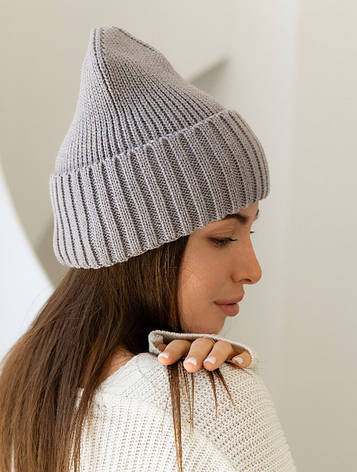 Жіноча в’язана шапка біні класік 20% вовна з відворотом Сірий, фото 2