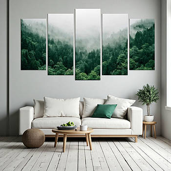 Картина модульна туманний ліс Гори в тумані Друк на полотні Настінний декор для дому 125х70 із 5-ти частин