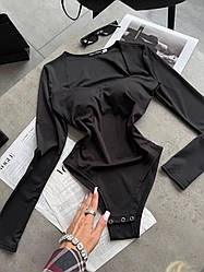 Жіноче спокусливе сексуальне чорне боді з ефектом PUSH-UP і з довгими рукавами з мікродайвінгу