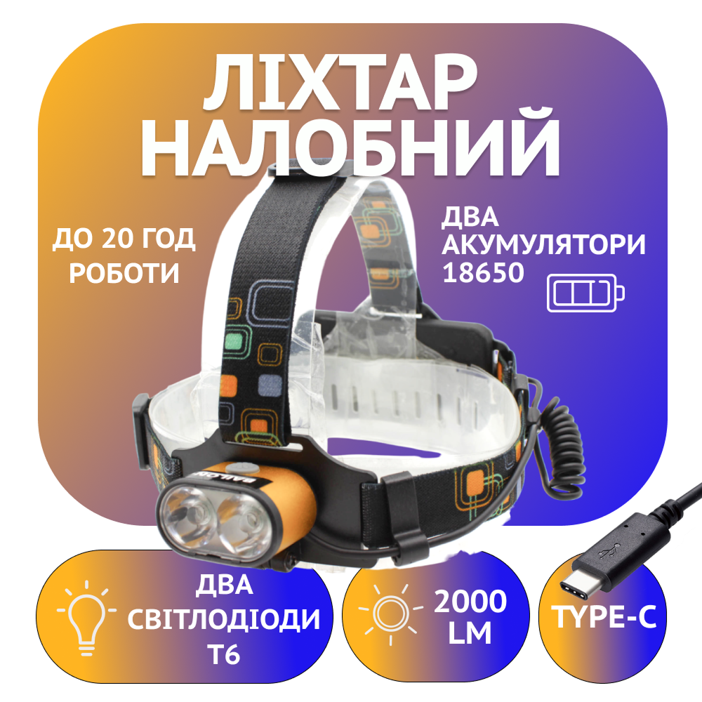 Налобний ліхтар PL133, BL-2128-T6, Акк. 2х18650, 2xT6, TYPE-C, фото 1