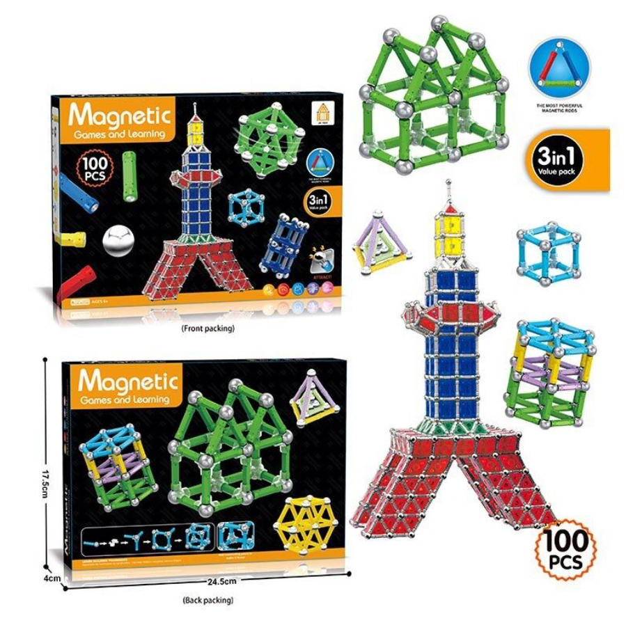 Магнітний конструктор Magnetic AQ 2234 на 100 деталей, 7 типів елементів, фото 1