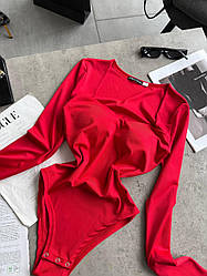 Жіноче спокусливе сексуальне червоне боді з ефектом PUSH-UP і з довгими рукавами з мікродайвінгу