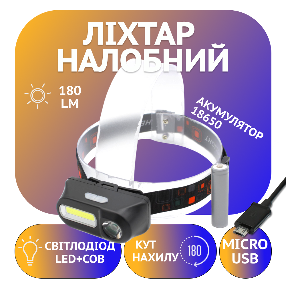 Налобний ліхтар Bailong BL-1804, PL185, LED+COB, акумулятор 18650, micro USB, фото 1