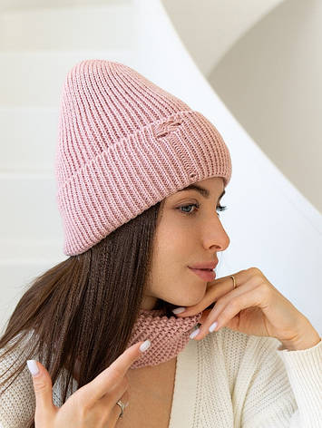 Жіноча в’язана шапка і хомут набор1 вовна 20% з відворотом Рожевий, фото 2