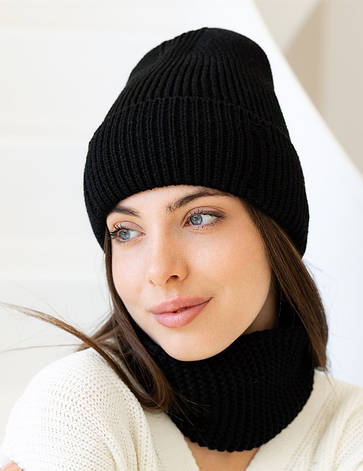 Жіноча в’язана шапка і хомут набір 1 вовна 20% з відворотом Чорний, фото 1