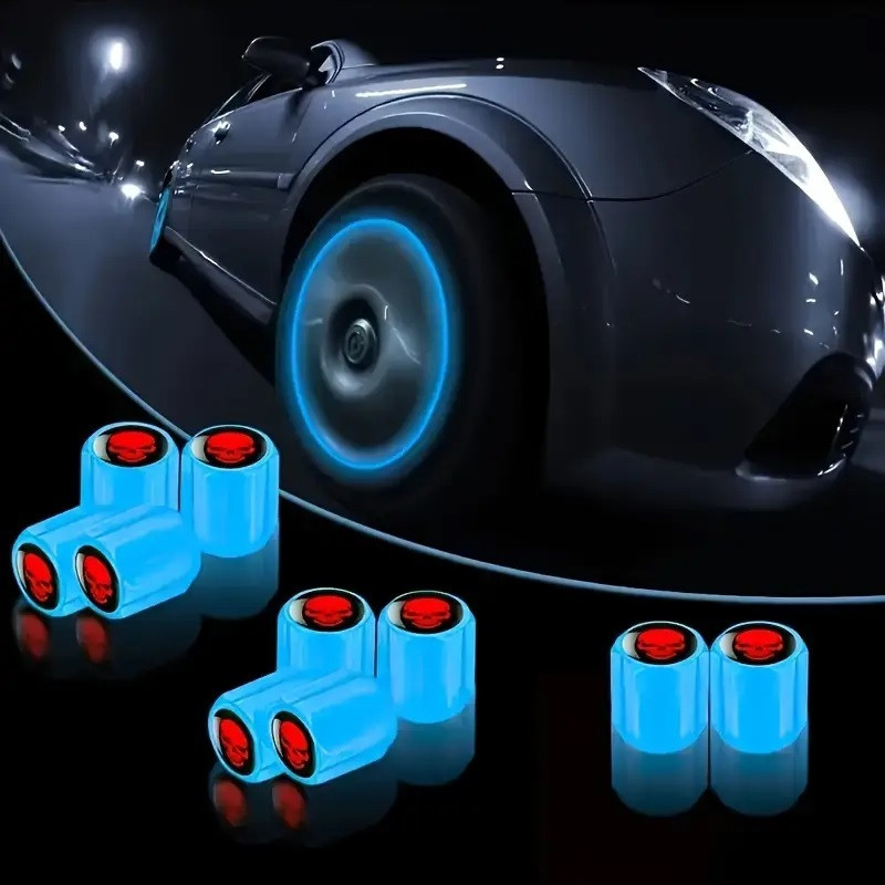 Захисні ковпачки на ніппеля Універсальні 4 шт Сині Флуорісцентні  з червоним черепом