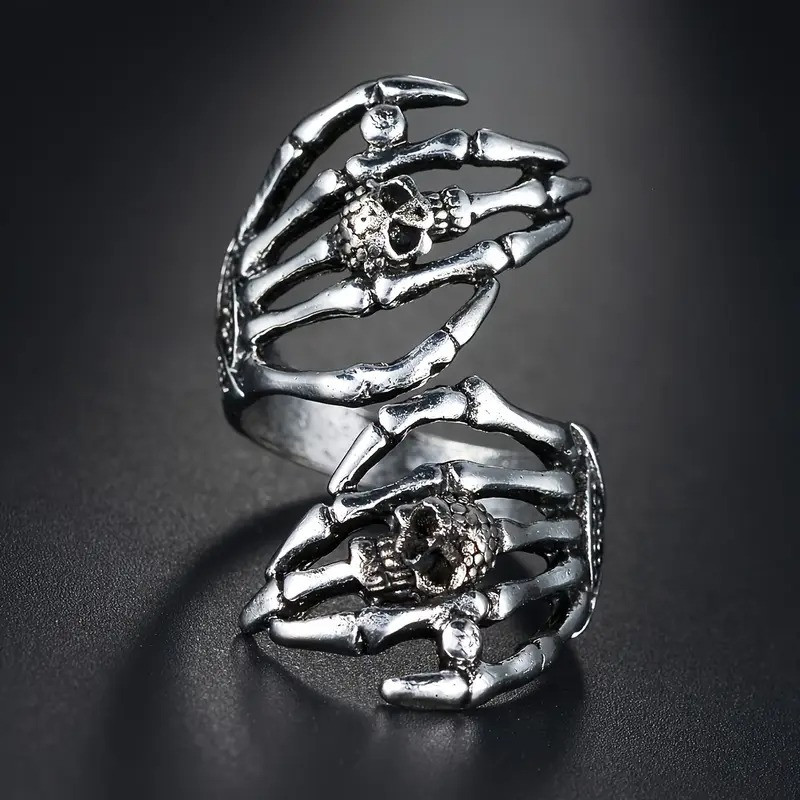 Срібляста готична каблучка у вигляді двох рук скелета та двох черепів розмір регульований, фото 1