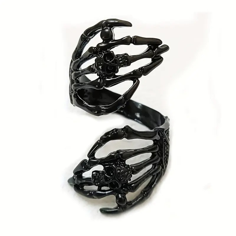 Чорна готична каблучка у вигляді двох рук скелета та двох черепів розмір регульований, фото 1