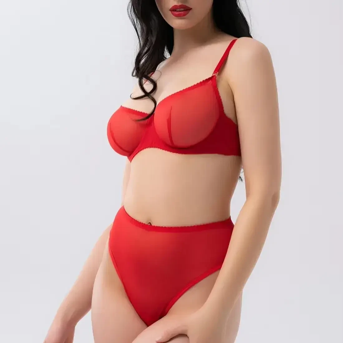 Червоний жіночий комплект прозорої білизни ліф з кісточками та трусики