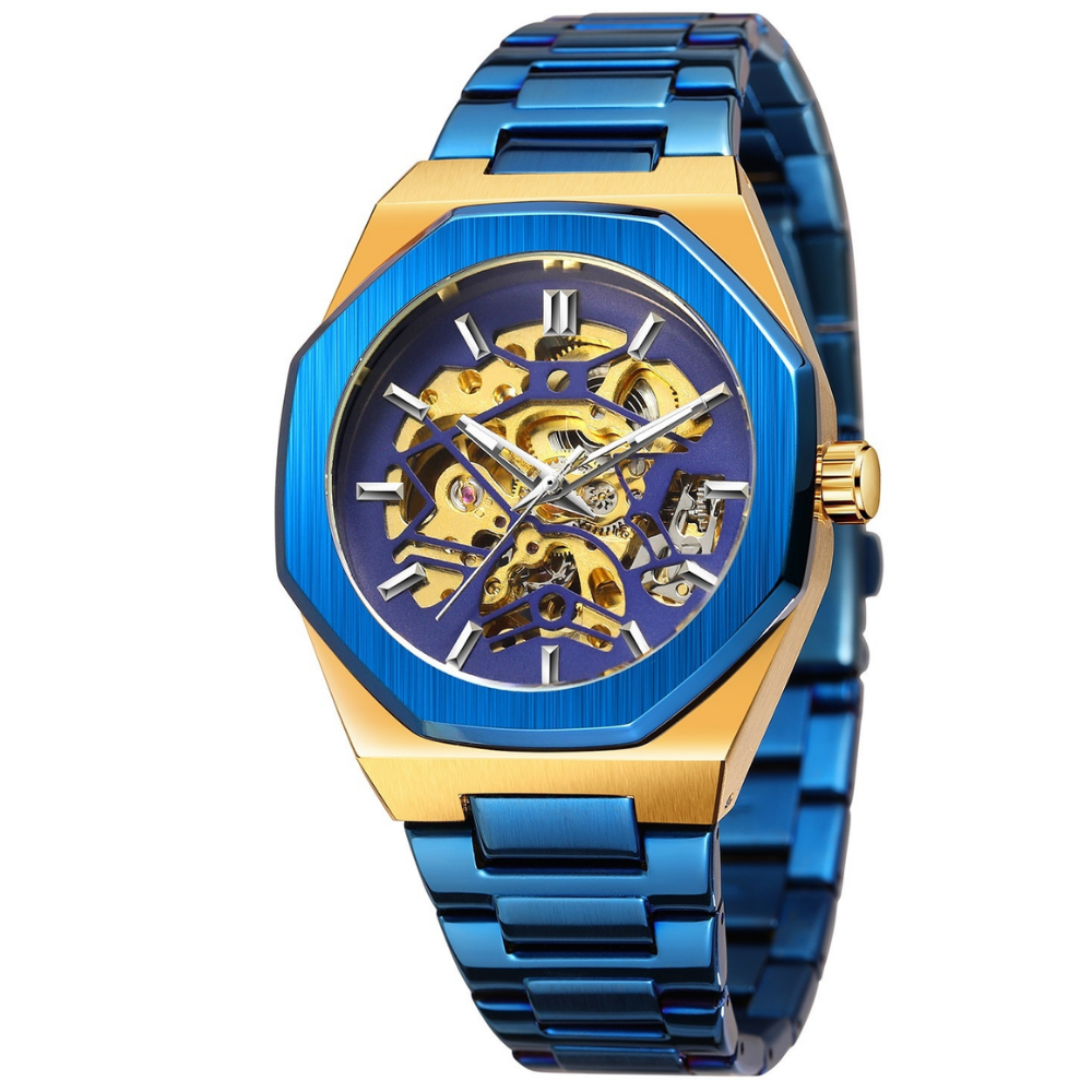 Синій наручний годинник чоловічий механічний з автопідзаводом сталевий скелетон Gusto Skeleton золотий-синій, фото 1