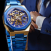 Синій наручний годинник чоловічий механічний з автопідзаводом сталевий скелетон Gusto Skeleton золотий-синій, фото 10