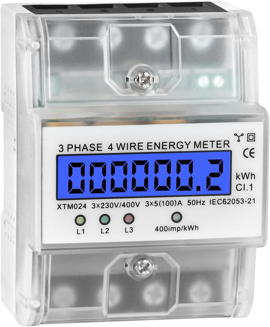 Електролічильник 3-фазний 4-провідний, 230/400 В, 5–100 А, цифровий ЖК лічильник електроенергії на DIN-рейку, фото 1