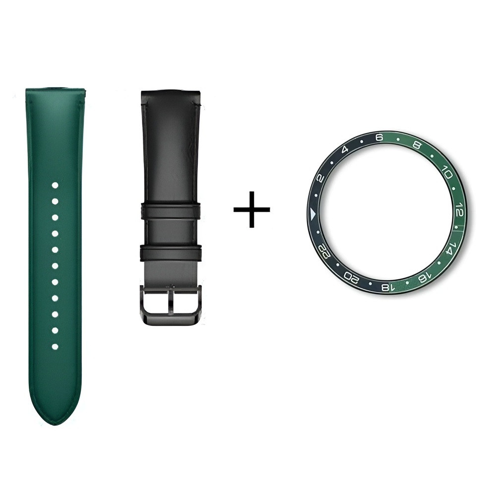 Комплект для Xiaomi Watch S3/S4 Black-green (безель ATR+шкіряний ремінець), фото 1
