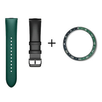 Комплект для Xiaomi Watch S3/S4 Black-green (безель ATR+шкіряний ремінець)