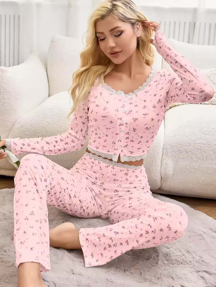 Жіночі піжами №F0366 Пудра з квіточками, фото 1