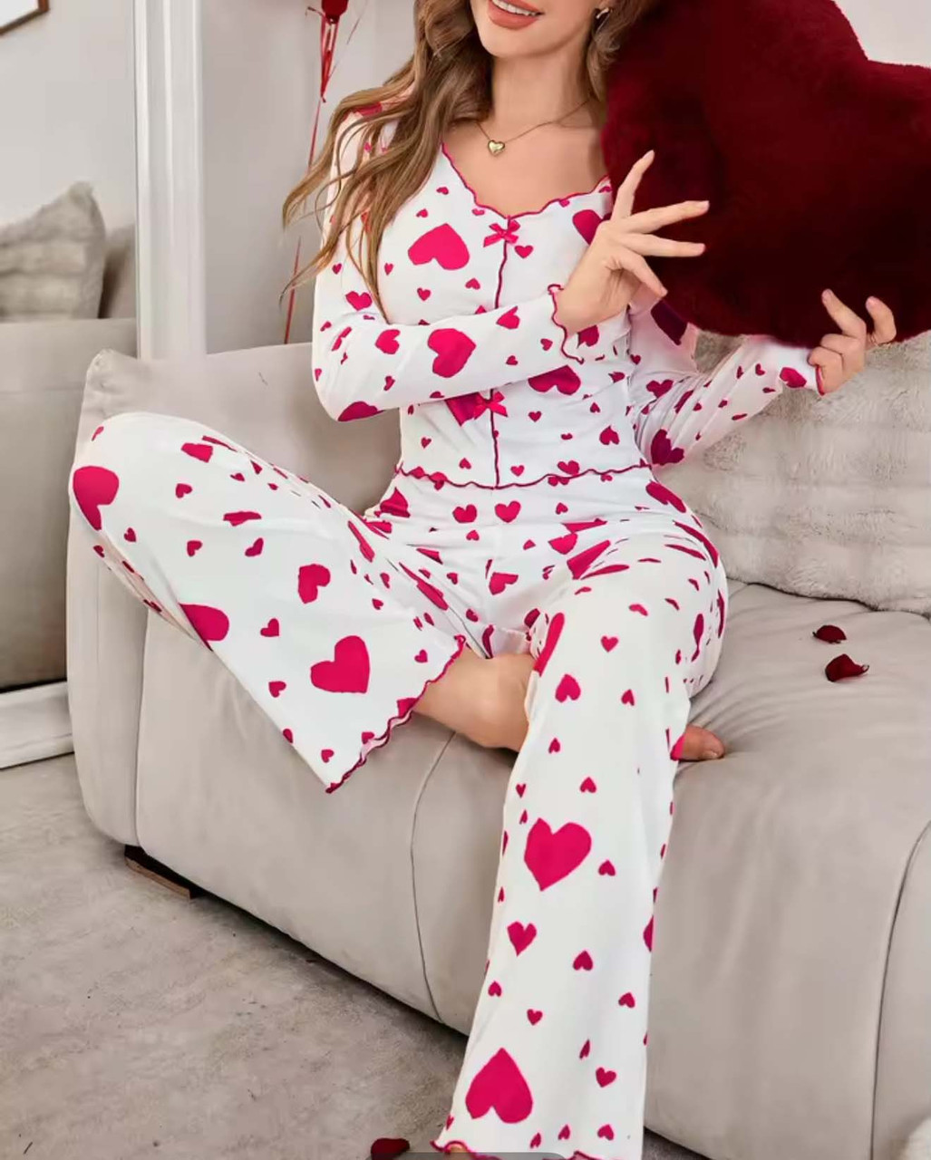 Жіночі піжами №D0446 Білий з рожевими серцями, фото 1