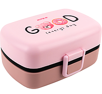 Ланчбокс для їжі. Виготовлений з харчового пластику. Розділений на два відділи, має 2 додатковій ємності,