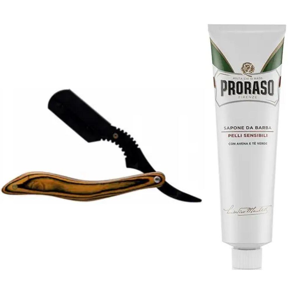 Небезпечна бритва/шавета розкладна Straight Razor + крем для гоління Proraso для чутливої шкіри з екстрактом зеленого чаю, фото 1