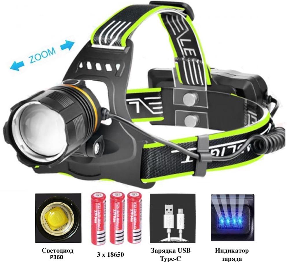 Ліхтар налобний BL-A13-3-P360, 3x18650, zoom, ЗП Type-C, Box