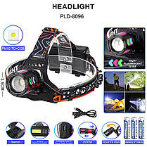 Ліхтар налобний NIGHT VISION FLUORESCENCE 8096 1 РЕЖИМ WHITE LASER LED PM10-TG+COB, 3x18650, power bank, ЗП, фото 4