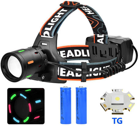 Ліхтар налобний NIGHT VISION FLUORESCENCE BL-T207-TG, 2x18650, 1 режим, ЗУ Type-C, zoom, фото 1