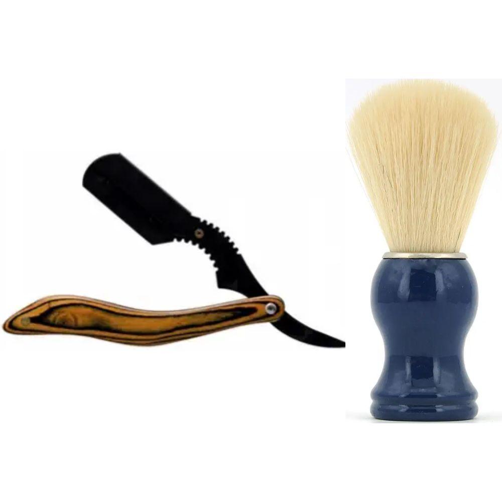 Небезпечна бритва/шавета розкладна Straight Razor + помазок з дерева SHIMA з ворсом борсука синій, фото 1
