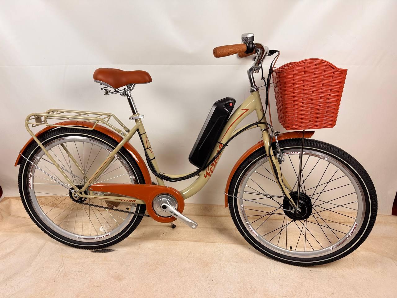 Велосипед з Е-комплектом 26" Cross Verona Latte 36В 350Вт 10 Ah/ Мотор MXSUS/ з кошиком та багажником