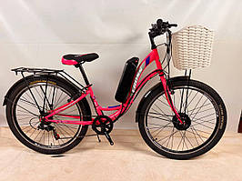 Велосипед з Е-комплектом 26" Cross Betty Рожево-сірий 36В 350Вт 10 Ah/ Мотор MXSUS/ з кошиком та багажником