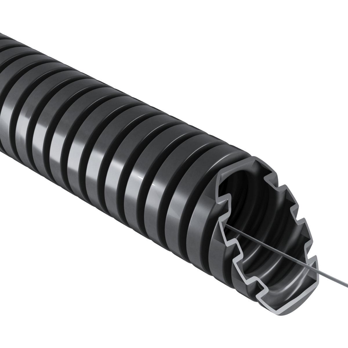 Труба гофрована електромонтажна з протяжкою; самозагасаюча; 750N/5см; Ø 40 мм; ПВХ; темно-сіра; Бухта 25 м