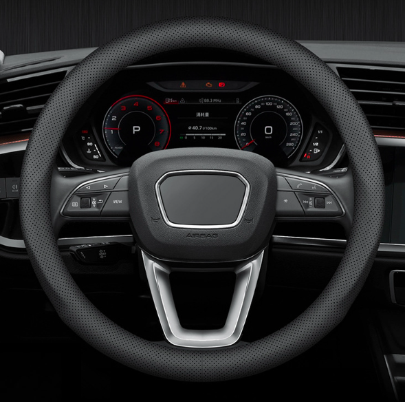 Шкіряний чохол на кермо з логотипом і перфорацією для автомобіля, фото 1