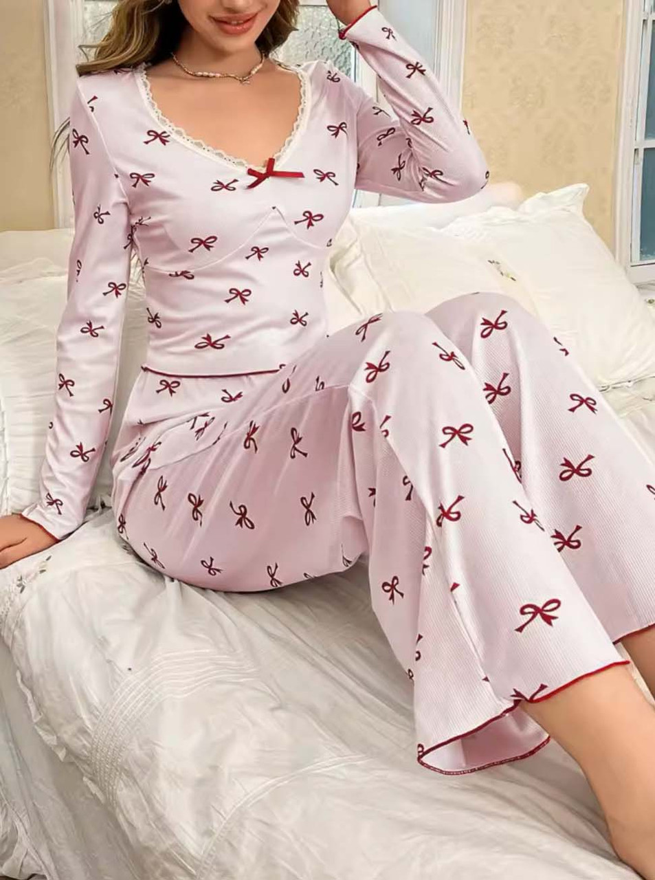 Жіночі піжами №D0439 Пудра з бантиками, фото 1