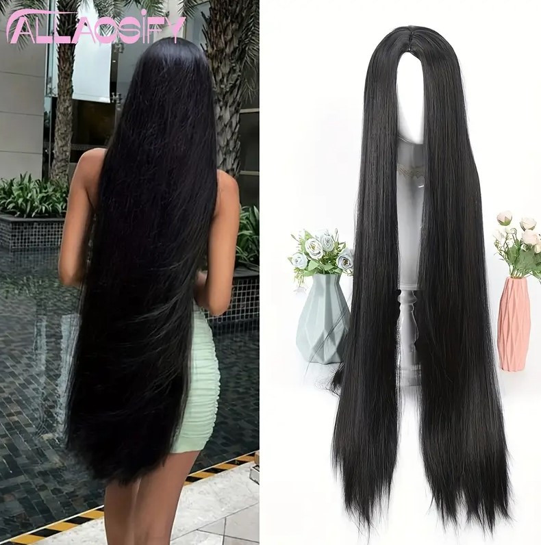 Парик длинные черные ровные волосы 101 см имитация кожи головы термоволокно, фото 1